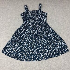 HUHOT | Floral Sun Dress | XL | Navy Blue White | Sleeveless Square Neck Stretch
